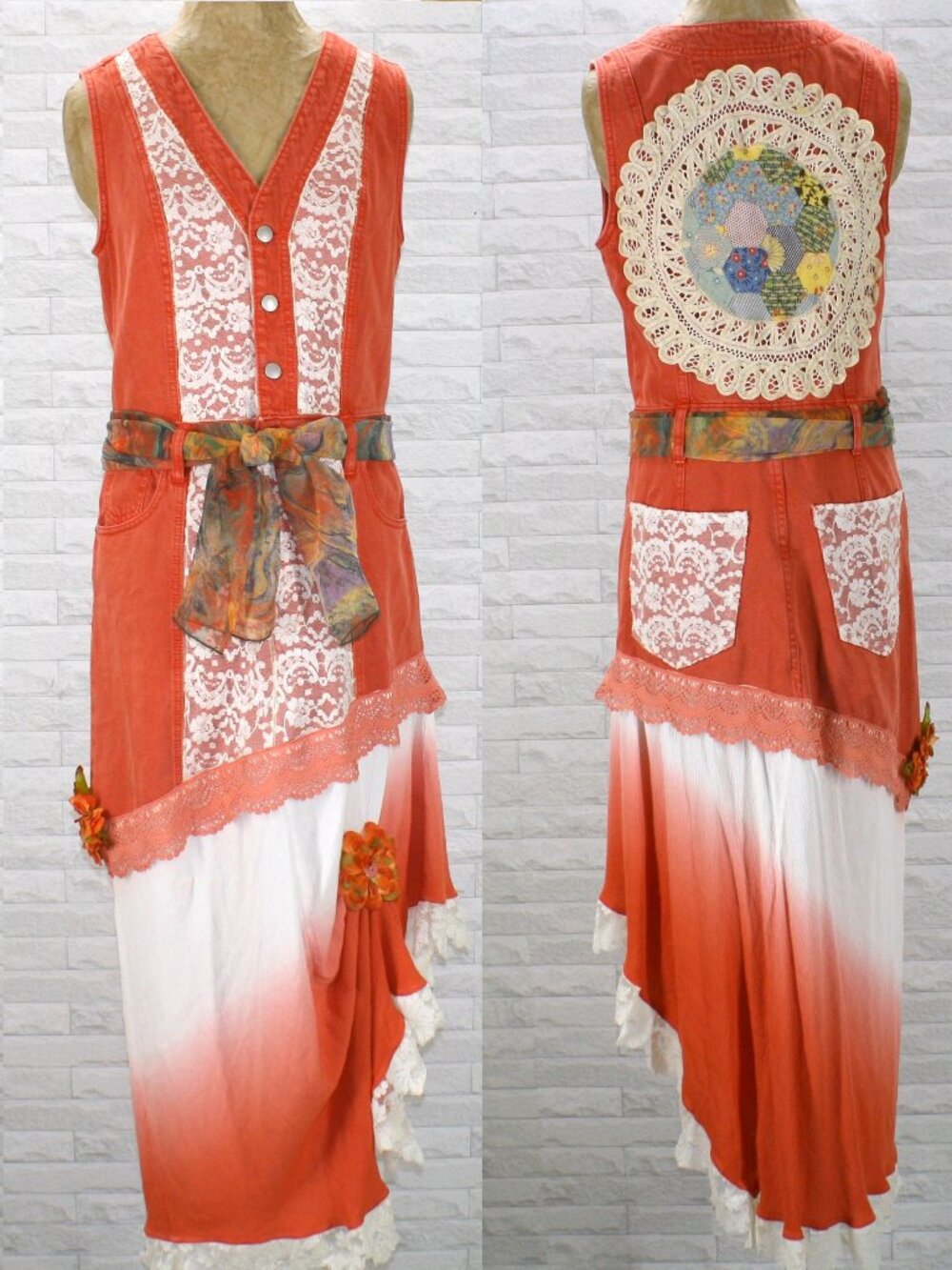 HAND CRAFTED Dress Denim Jean Upcycled Retro Lace Ombre Tie Dye Fall Orange 8